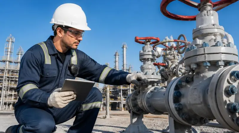 Engeniro inspecionando válvulas industriais em instalação petrolífera
