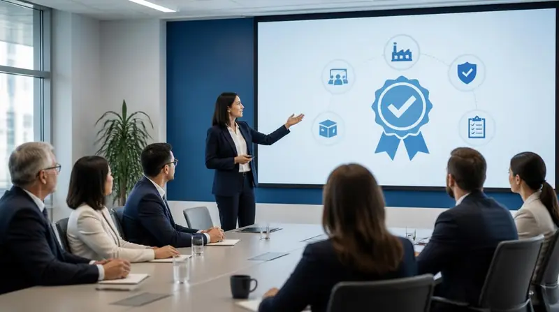 Sala de treinamento corporativo com apresentação sobre certificação